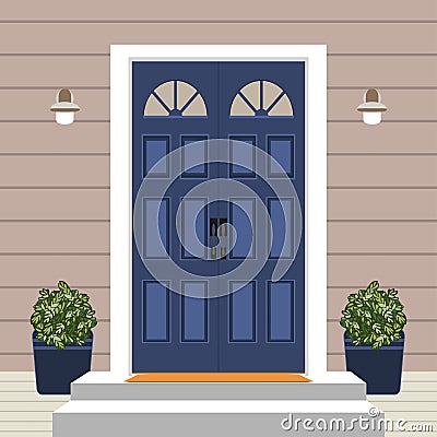 House door front with doorstep and mat, steps, window, lamp, flowers, building entry facade, exterior entrance design illustration Vector Illustration