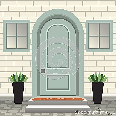 House door front with doorstep and steps, lamp, flowers in pots, building entry facade, exterior entrance with brick wall design Vector Illustration