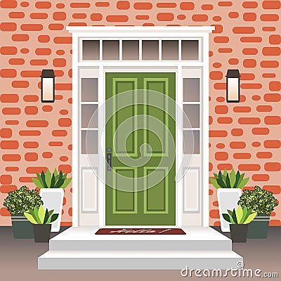 House door front with doorstep and steps, lamp, flowers in pots, building entry facade, exterior entrance with brick wall design Vector Illustration