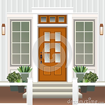 House door front with doorstep and steps porch, window, lamp, flowers in pot, building entry facade, exterior entrance design Vector Illustration