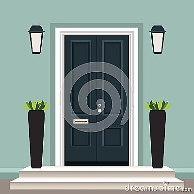 House door front with doorstep and steps porch, window, lamp, flowers in pot, building entry facade, exterior entrance design Vector Illustration