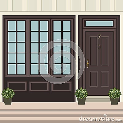 House door front with doorstep and steps, window, flowers in pot, building entry facade, exterior entrance design illustration Vector Illustration