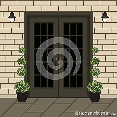 House door front with doorstep and window, lamp, flowers, building entry facade, exterior entrance with brick wall design Vector Illustration