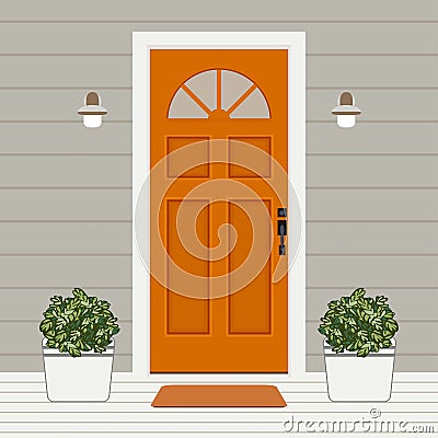 House door front with window and plants flat style, building entry facade design illustration vector Vector Illustration