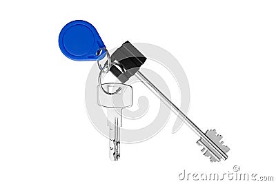 House door lock keys bunch and magnetic key on ring on white background isolated close up, two silver metal keys on keyring, fob Stock Photo