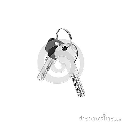 House door lock keys bunch on ring on white background isolated close up, two silver metal keys on keyring, pair of steel keys Stock Photo