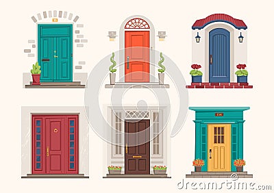 House doors. Cartoon front entrance. Exterior wall doorsteps with porches. Outside cottage doorways collection Vector Illustration