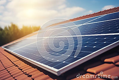 A house with eco-friendly solar panels or alternative photovoltaic installations for electricity on the roof on a sunny day. The Stock Photo