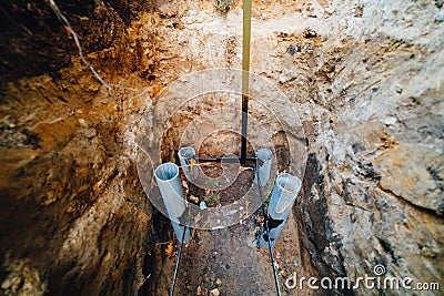 House electricity grounding instalaltion, underground metal framework part Stock Photo