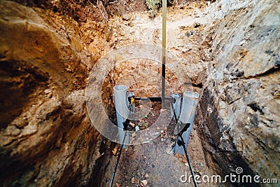 House electricity grounding instalaltion, underground metal framework part Stock Photo