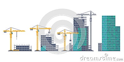 House emergence. Building stages. Unfinished real estate and crane. Housing development from frame constructions and Vector Illustration