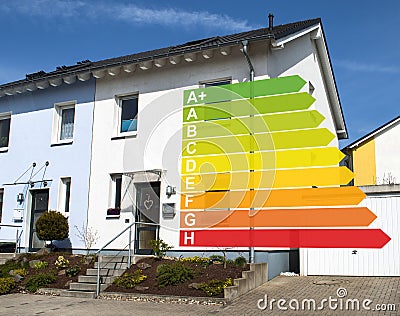 House with energy efficiency classes Stock Photo