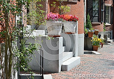 House Entrance Detail with Elegant Planters Stock Photo