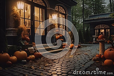 The house entrance is traditionally decorated with cut out jack-o'-lanterns and lights for Halloween celebrations, generative AI Stock Photo