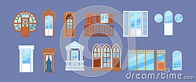 House exterior design with modern vintage balcony, building facade elements. Retro wood or wooden and plastic window frames. Home Vector Illustration