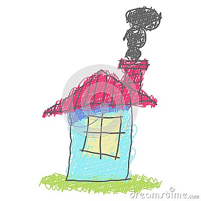 House exterior isolated on white background. Drawings of houses. Child`s hand drawn pastel chalk. Children drawing vector Vector Illustration