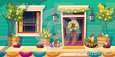 House facade with easter decoration on porch Vector Illustration