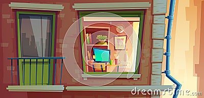 House facade element cartoon illustration of apartments outside view window and balcony Cartoon Illustration