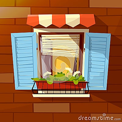 House facade cartoon illustration of old apartments window shutters and flowerpot outside view Cartoon Illustration