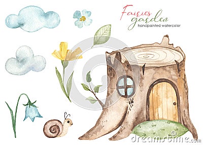 Watercolor set with a house for fairies with a tree stump, flowers, clouds, a snail Garden fairies Stock Photo