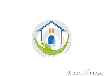House family caregiver with hand and Home Logo Cartoon Illustration