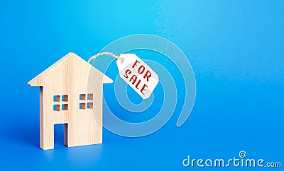 House figure and for sale price tag. Selling real estate, lower prices because of a falling market and reduced demand. Realtor Stock Photo