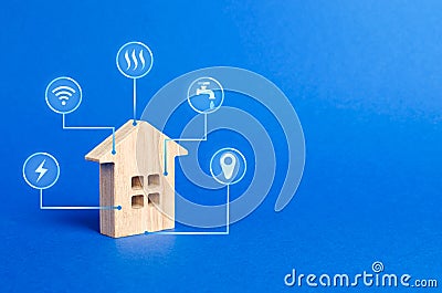 House figurine and public utilities symbols icons. Choosing a house to buy, assessing the cost and condition of the building Stock Photo