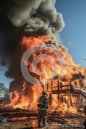 A house on fire with firemen in front of it. A burning house in flames during the day Stock Photo