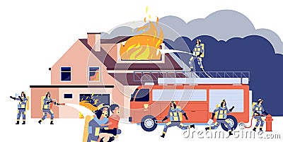 House on fire. Group firemen fighting extinguish burning house. Rescue people, fire truck equipment, firehose spraying Vector Illustration