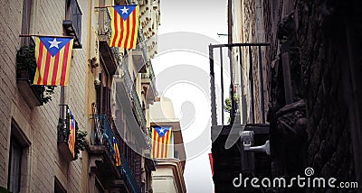 House with flags of Catalonia - Barcelona, Spain. Stock Photo