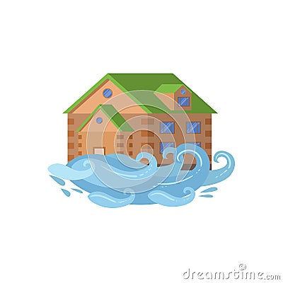 House In Flood, Natural Forces Threat Vector Illustration