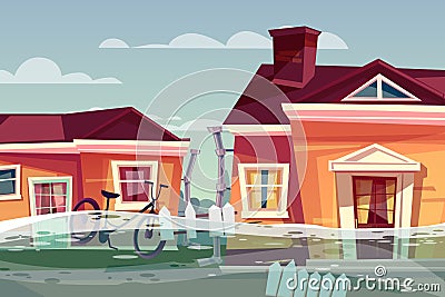 House in flood vector deluge water flow in street Vector Illustration