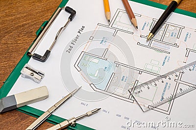 House floor plan with drawing compass Stock Photo