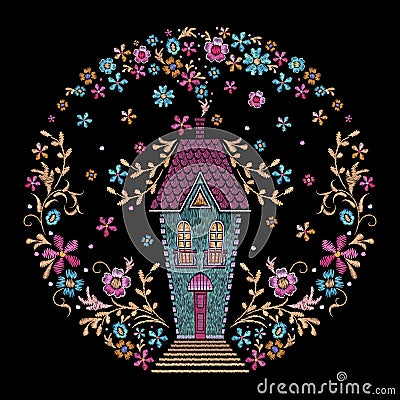 House in floral garden. Steampunk fairy tale fantasy home. Tiny building and wild flowers with golden branches. Silk Vector Illustration