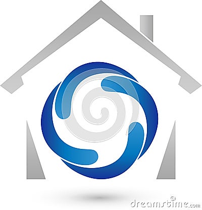 House and Four Drops, Real Estate and Installer Logo Stock Photo