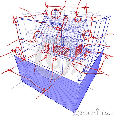 House framework with dimensions and hand drawn sketches Vector Illustration