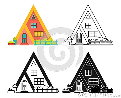 House front flat cartoon stamp linear doodle set village modern facade cozy buildings villa cottage Vector Illustration