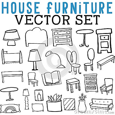 House Furniture Vector Set with table, book, bookshelves, bookcase, pillow, lamp, candle, dresser, bed, and other home items Stock Photo