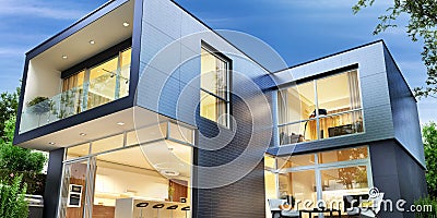 House of the future. Modern house with solar panels. Stock Photo