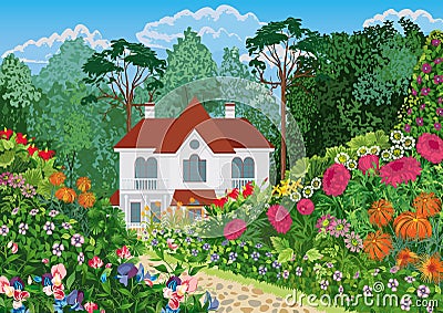 House in the garden Vector Illustration