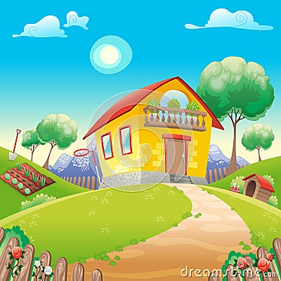 House with garden int the countryside Vector Illustration