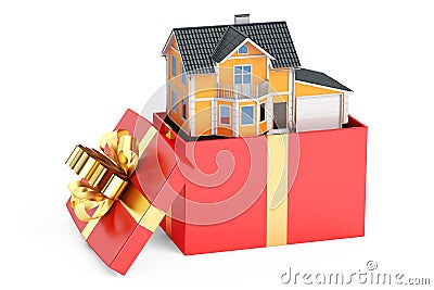 House gift. Home in gift box, 3D rendering Stock Photo