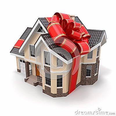 House gift. Mansion with ribbon and bow Stock Photo