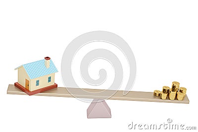 House and gold coins on the seesaw,3D illustration. Cartoon Illustration