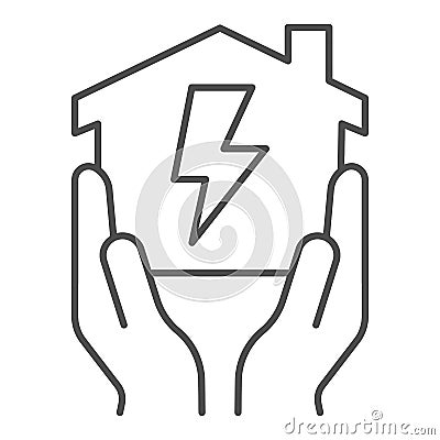 House in hands with electricity lightning thin line icon, smart house concept, home energy vector sign on white Vector Illustration