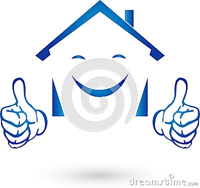 House with hands and smile, real estate and real estate agent logo Stock Photo