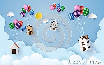 House hanging with colorful balloon. Vector Illustration