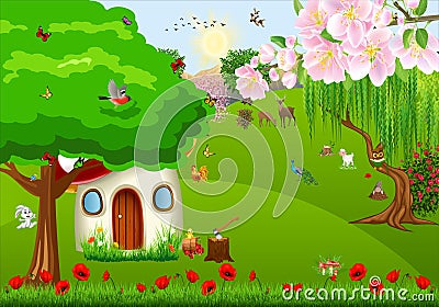 The house hidden in the woods Stock Photo