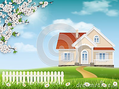 House on a hill and a blossoming tree Vector Illustration