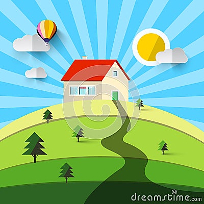 House on Hill. Vector Flat Design Natural Landscape. Vector Illustration